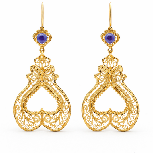 Filigree Drop Earrings with Tanzanite and Fire Opal