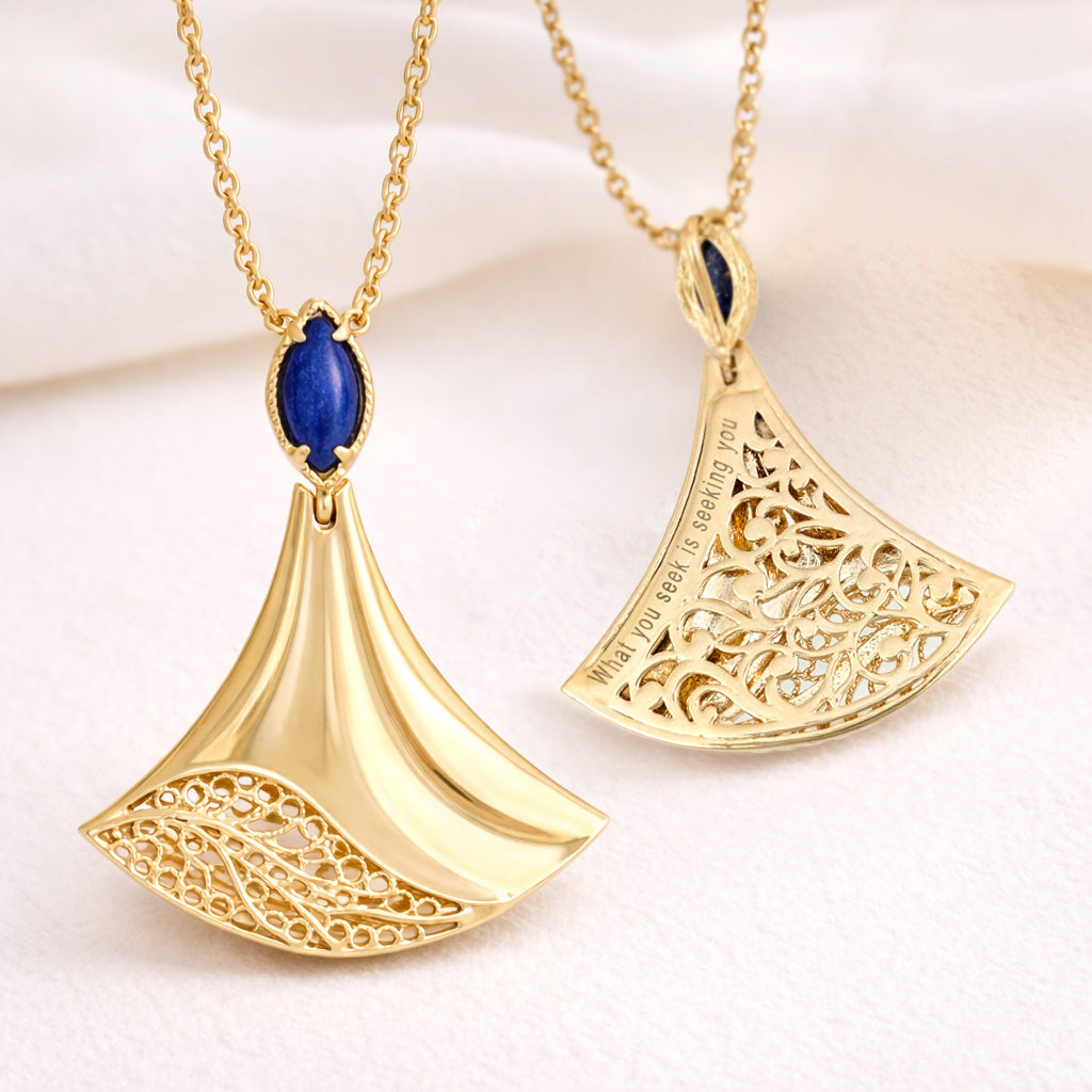 Rumi Fan Pendant Gold Statement Necklace Lapis Lazuli or Mother of Pearl