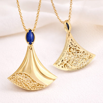 Rumi Fan Pendant Gold Statement Necklace Lapis Lazuli or Mother of Pearl