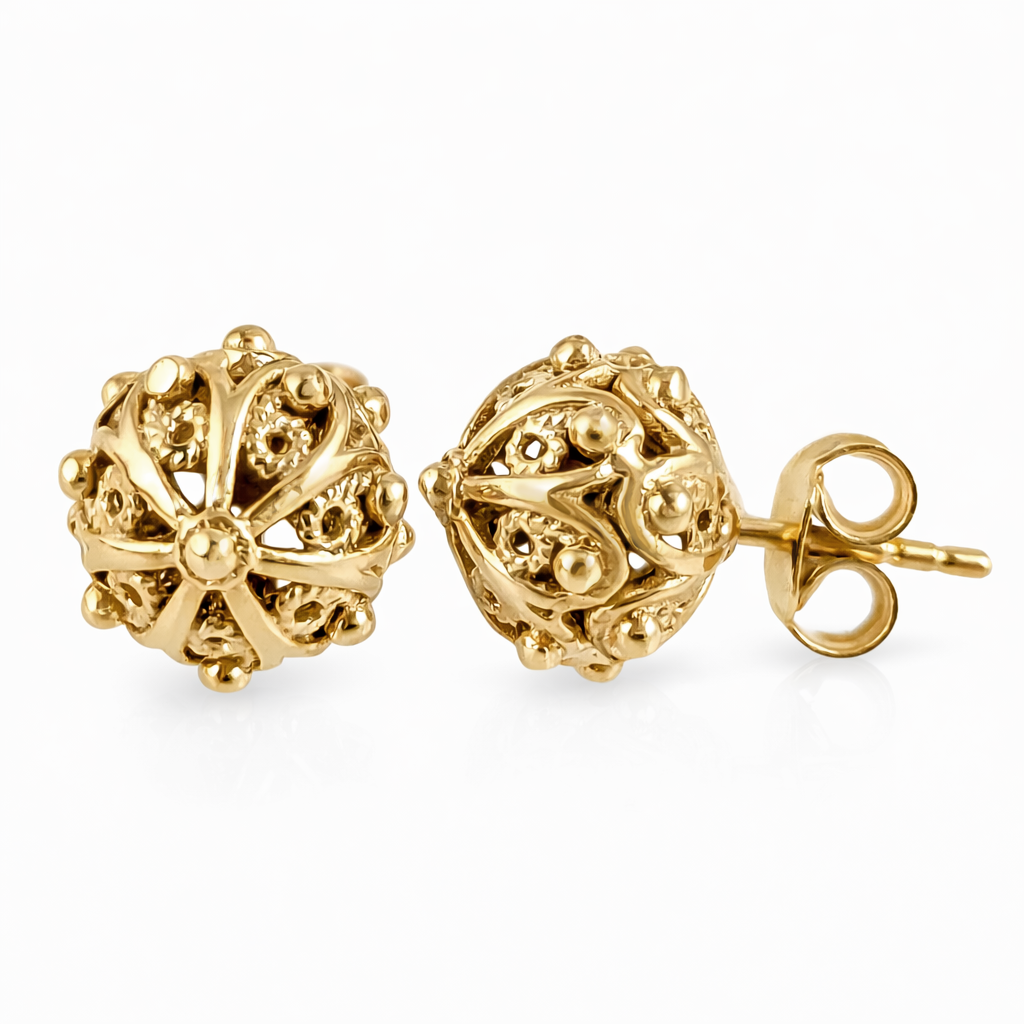 Ornate Sphere Stud Earrings with Floral Filigree Detail