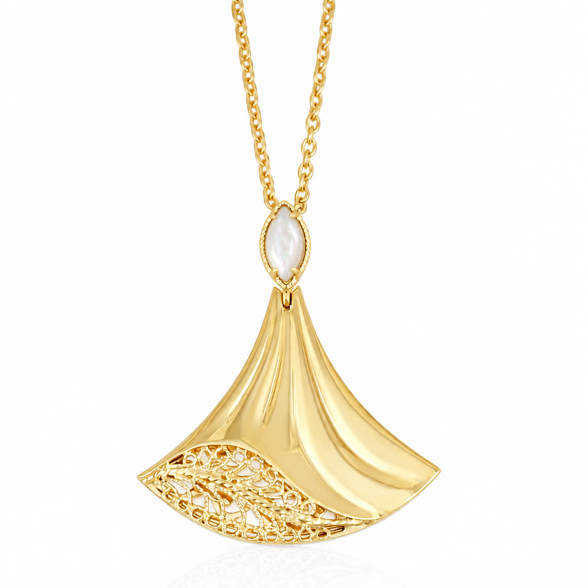 Rumi Fan Pendant Gold Statement Necklace Lapis Lazuli or Mother of Pearl