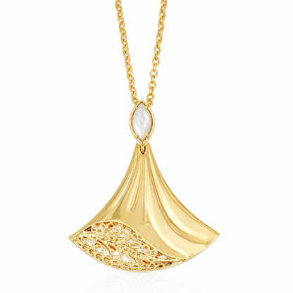 Rumi Fan Pendant Gold Statement Necklace Lapis Lazuli or Mother of Pearl
