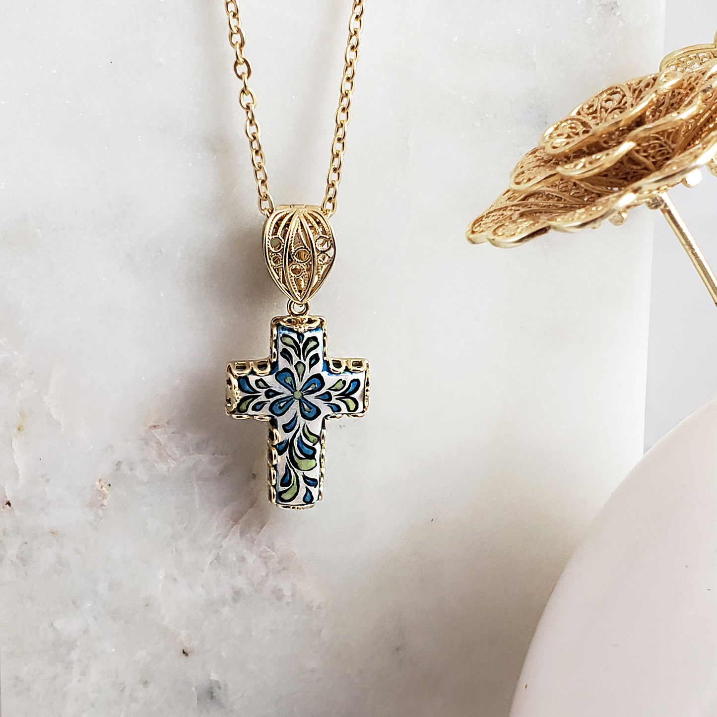 Gold over Sterling Silver Hand Painted Ceramic Cross Enhancer Bail Pendant