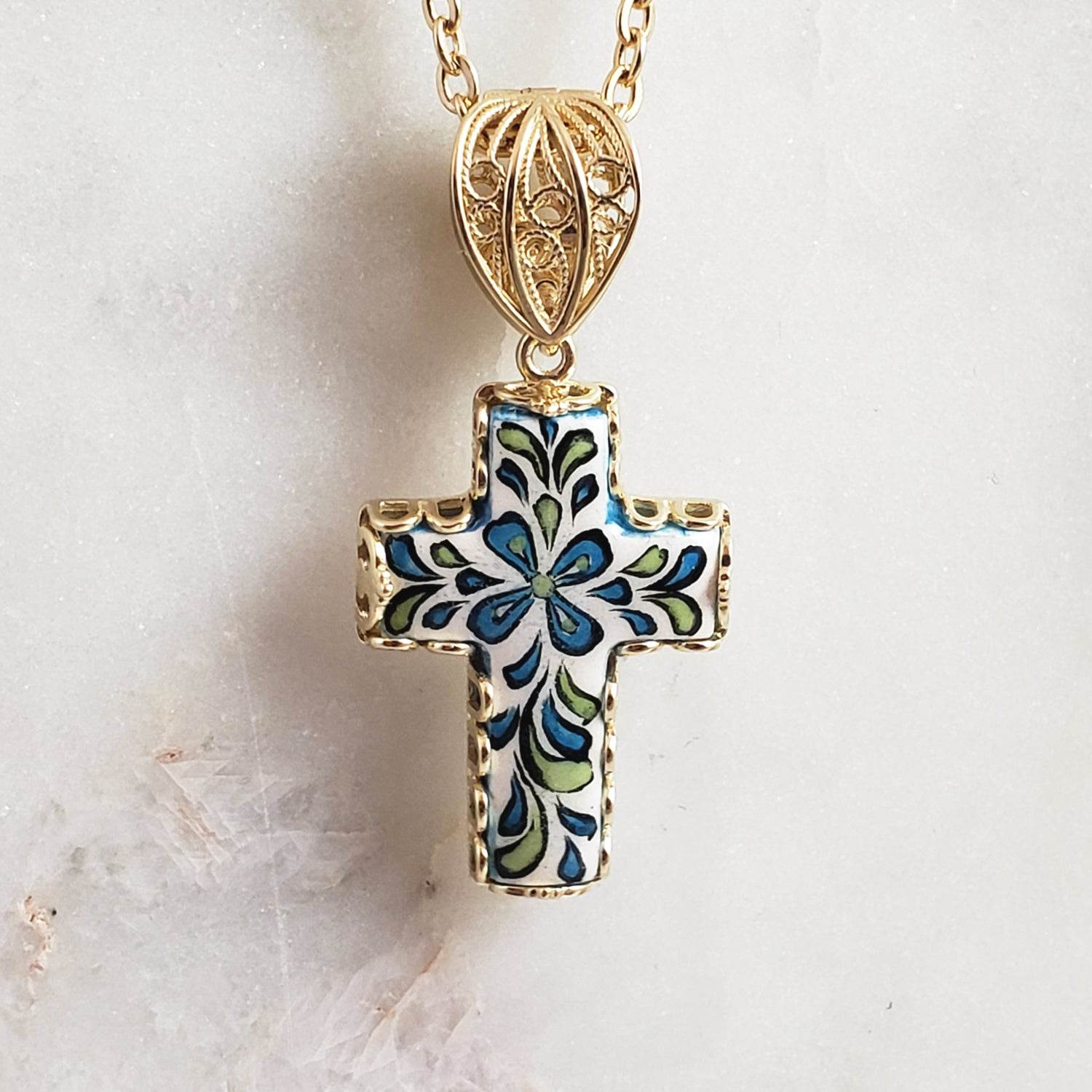 Gold over Sterling Silver Hand Painted Ceramic Cross Enhancer Bail Pendant - TurkishBling
