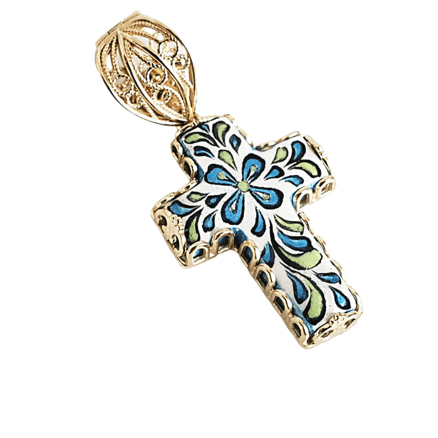 Gold over Sterling Silver Hand Painted Ceramic Cross Enhancer Bail Pendant - TurkishBling