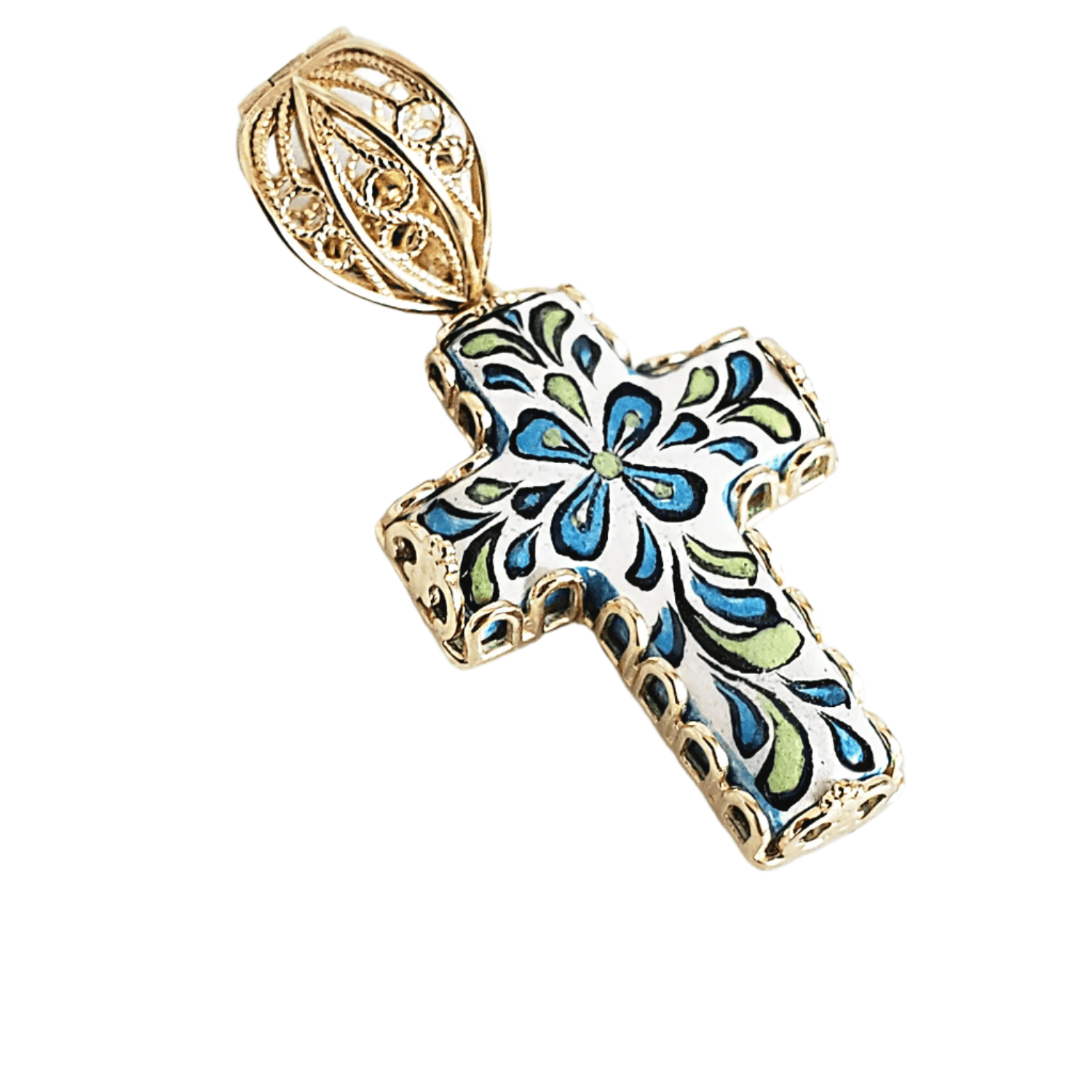 Gold over Sterling Silver Hand Painted Ceramic Cross Enhancer Bail Pendant - TurkishBling