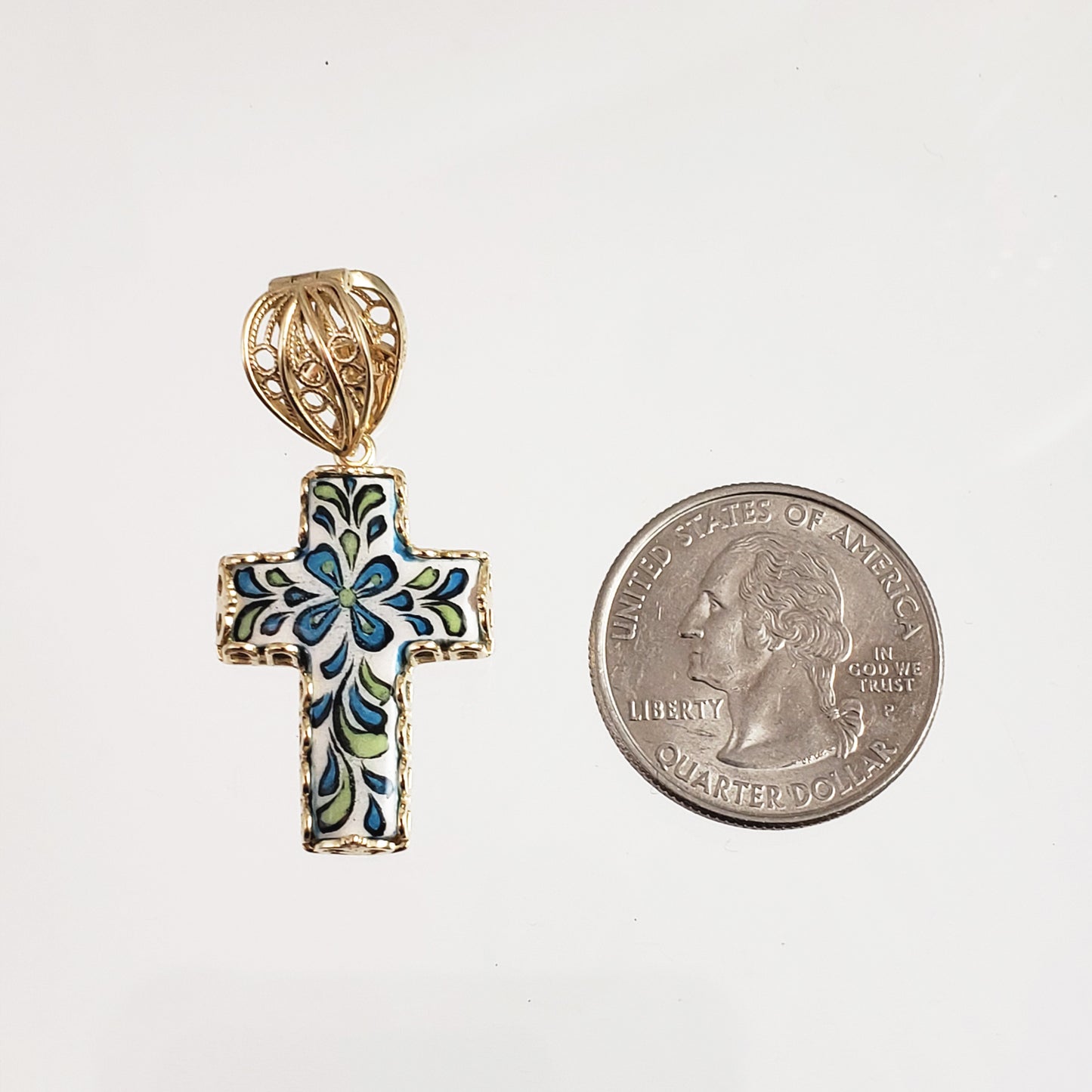 Gold over Sterling Silver Hand Painted Ceramic Cross Enhancer Bail Pendant