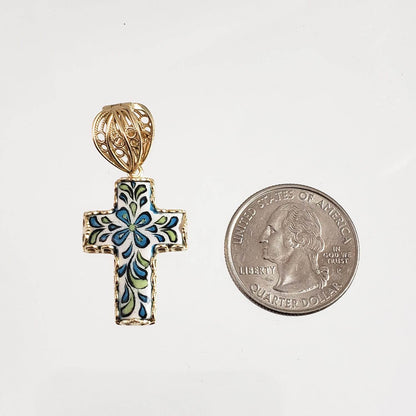 Gold over Sterling Silver Hand Painted Ceramic Cross Enhancer Bail Pendant - TurkishBling