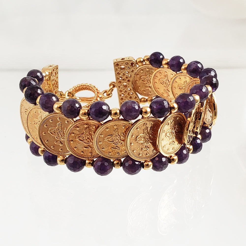 Gorgeous Turkish Coin Gem Statement Gold Bracelet .  Lapis  Agate Amethyst Blue Red