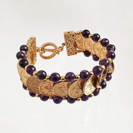 Gorgeous Turkish Coin Gem Statement Gold Bracelet . Lapis Agate Amethyst Blue Red - TurkishBling