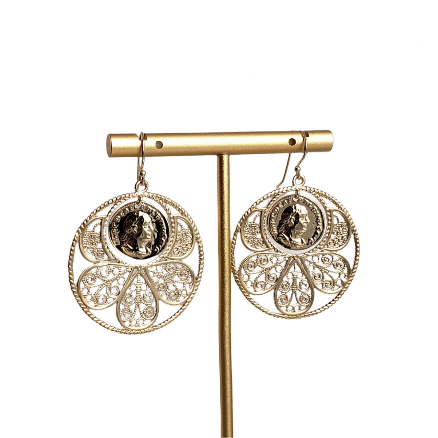 Filigree Coin Medallion Dangle Earrings with Petal Frame