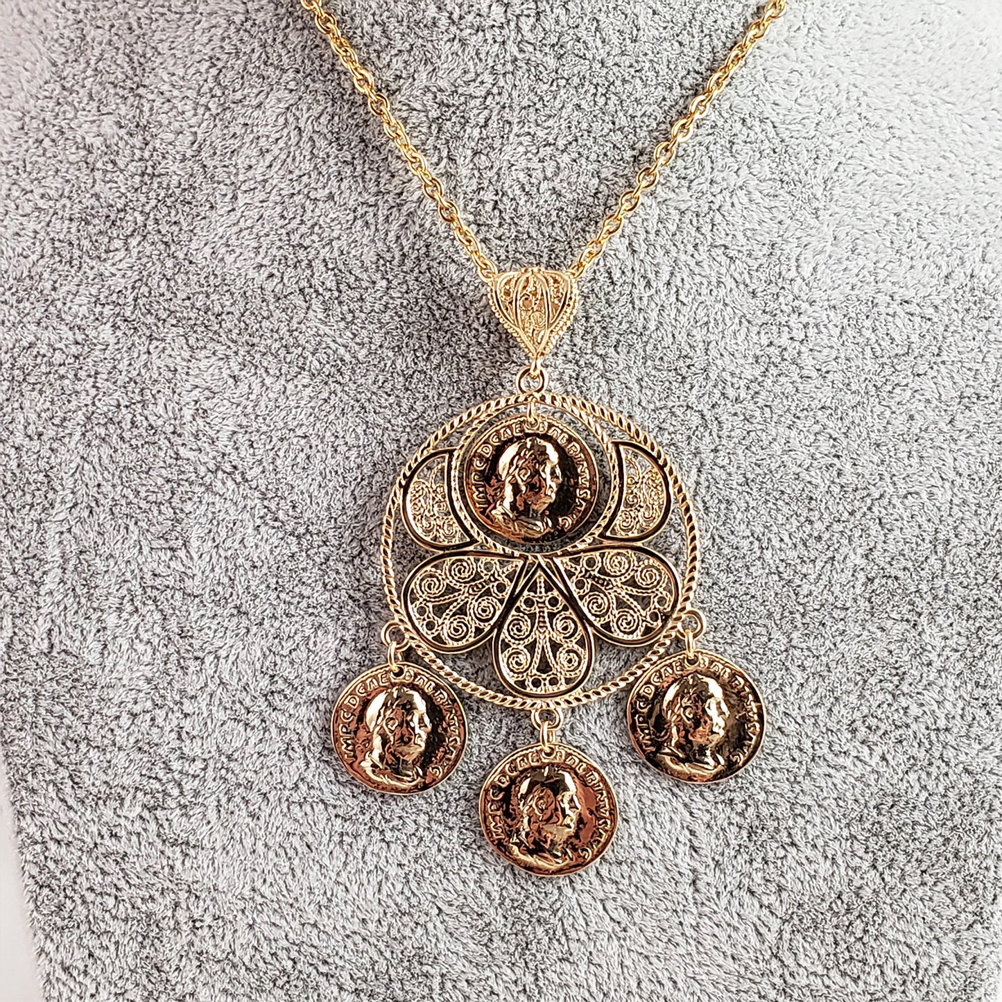 Roman Coin Filigree Pendant with 30" chain