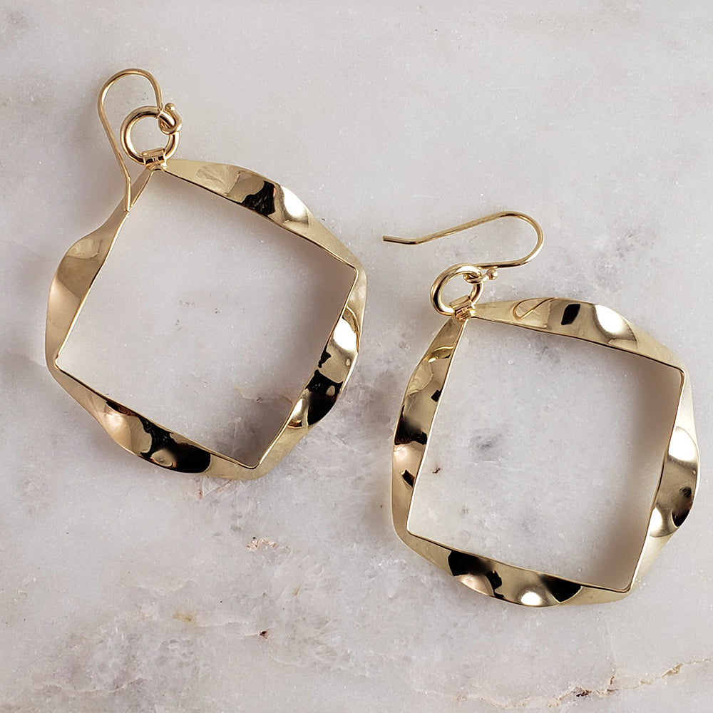 Wavy Gold Textured Square Ribbon Earrings on hooks