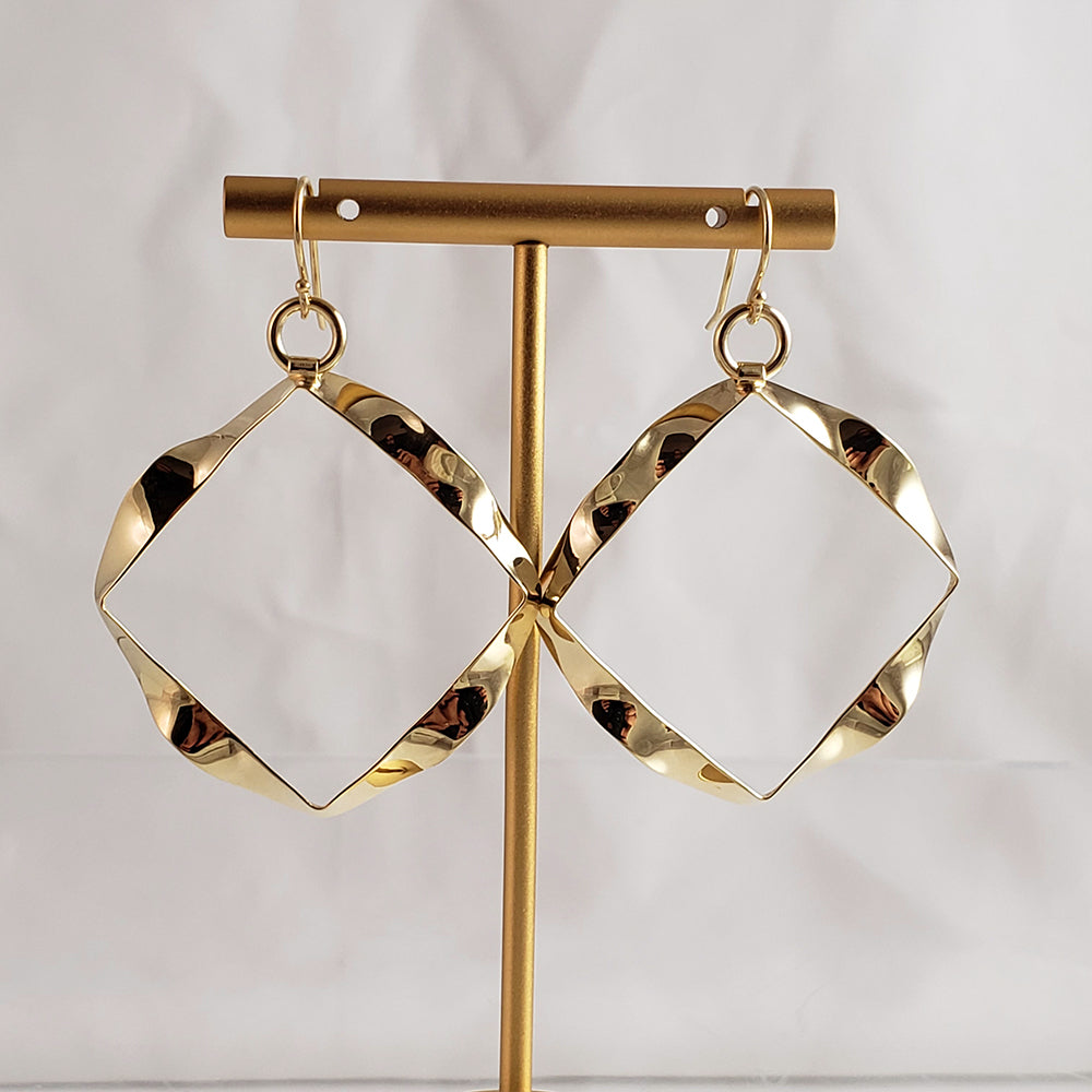 Wavy Gold Textured Square Ribbon Earrings on hooks