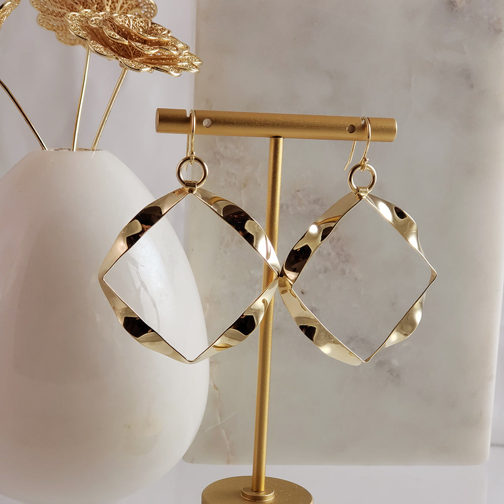 Wavy Gold Textured Square Ribbon Earrings on hooks