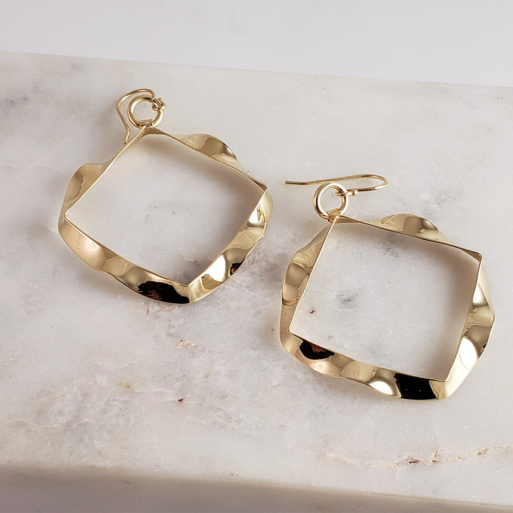 Wavy Gold Textured Square Ribbon Earrings on hooks