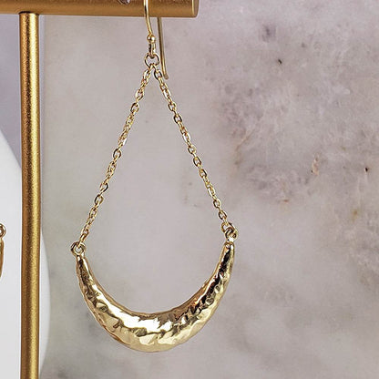 Hammered Crescent Dangle Earrings with Chain Detail - TurkishBling
