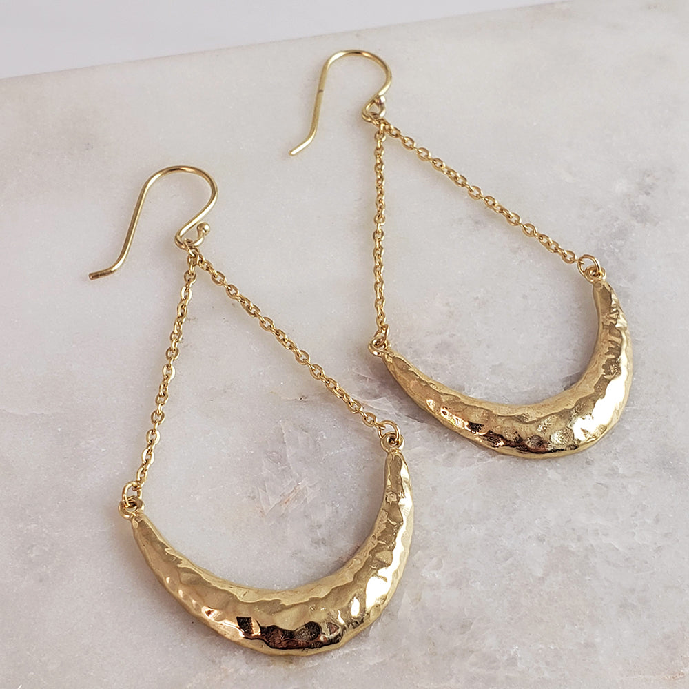 Fancy Hammered Crescent Chain Statement  Dangle Earrings