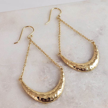 Hammered Crescent Dangle Earrings with Chain Detail - TurkishBling
