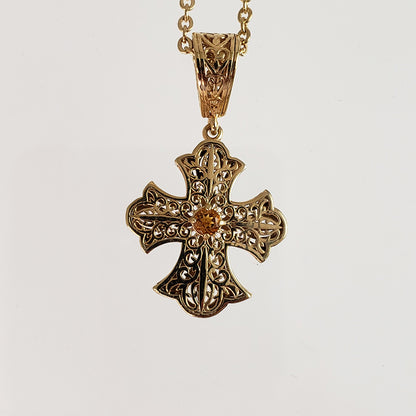 Filigree Cross Pendant Necklace with Gemstone Center