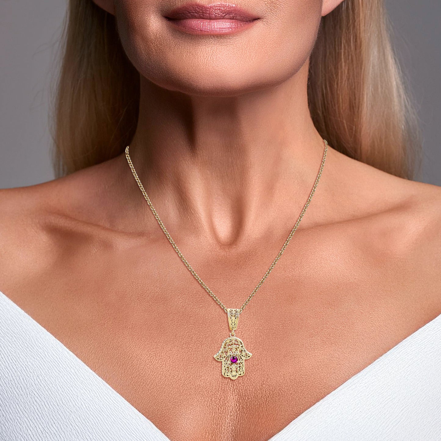 Filigree Hamsa Pendant with Ruby or Black Crystal