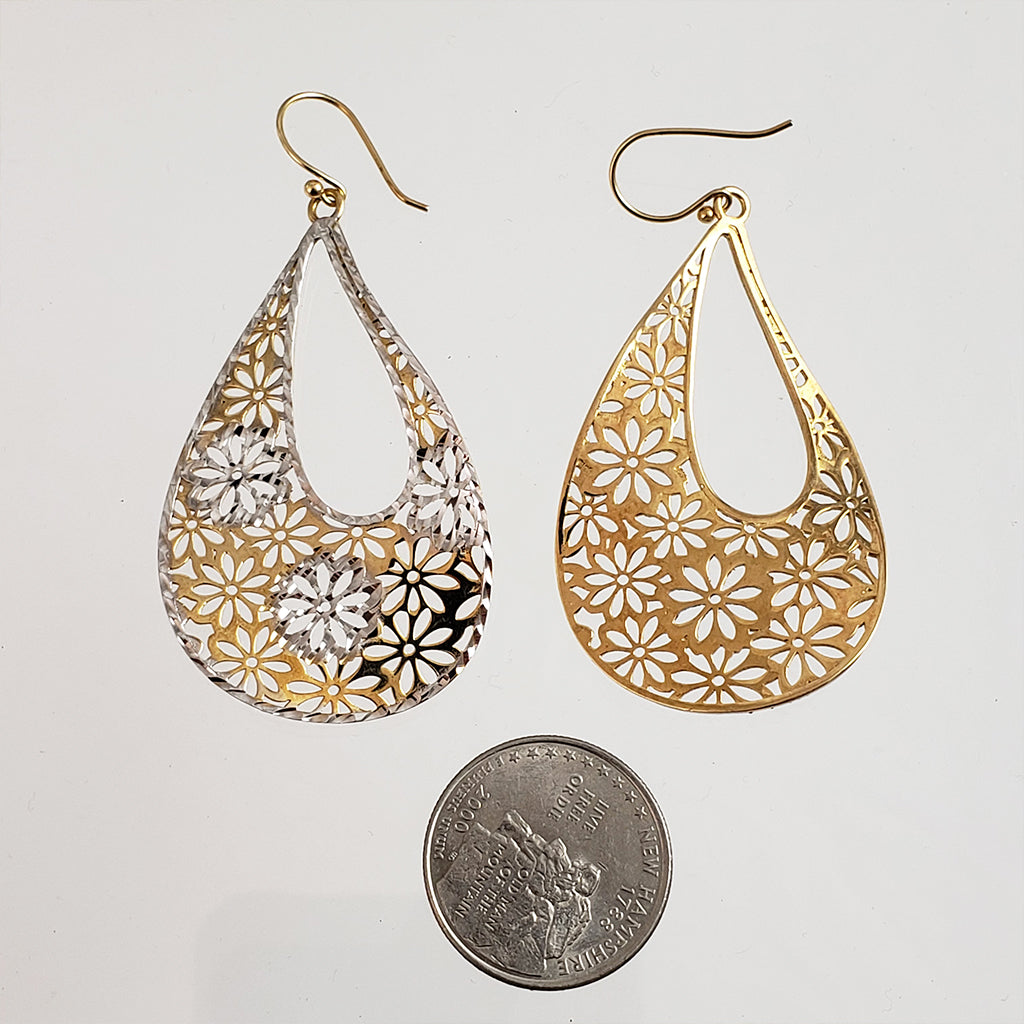 18K Gold Plated 2.5" Flower Cut-out Teardrop Earrings