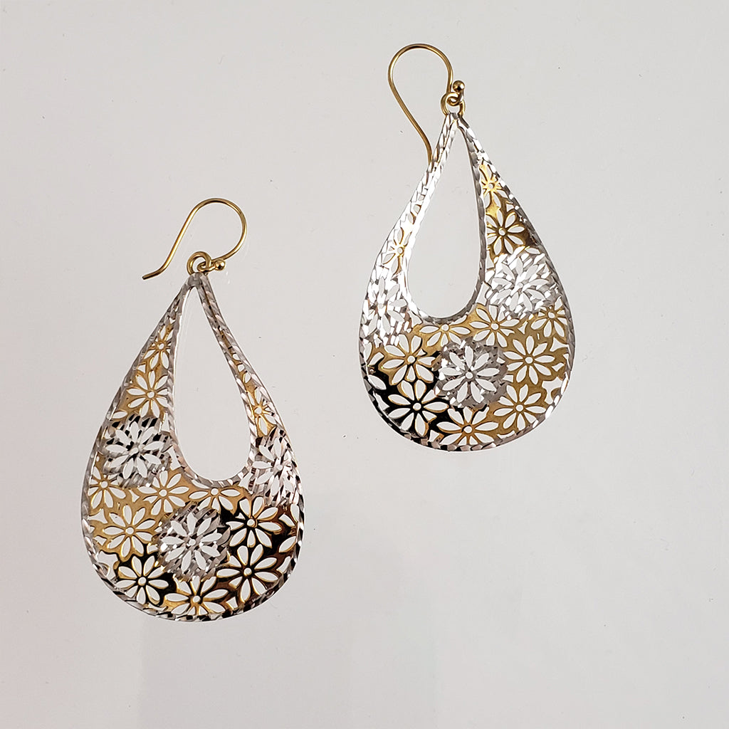 18K Gold Plated 2.5" Flower Cut-out Teardrop Earrings