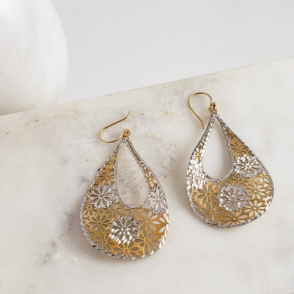 18K Gold Plated 2.5" Flower Cut-out Teardrop Earrings