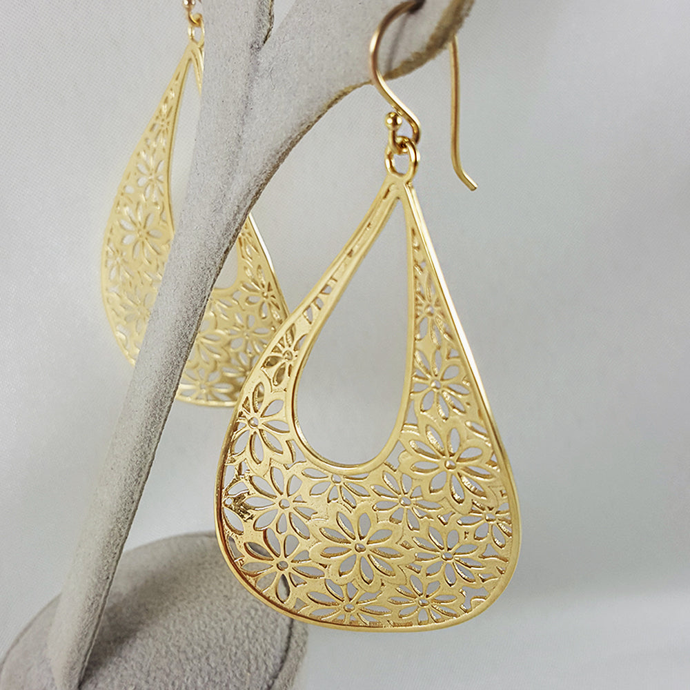 18K Gold Plated 2.5" Flower Cut-out Teardrop Earrings