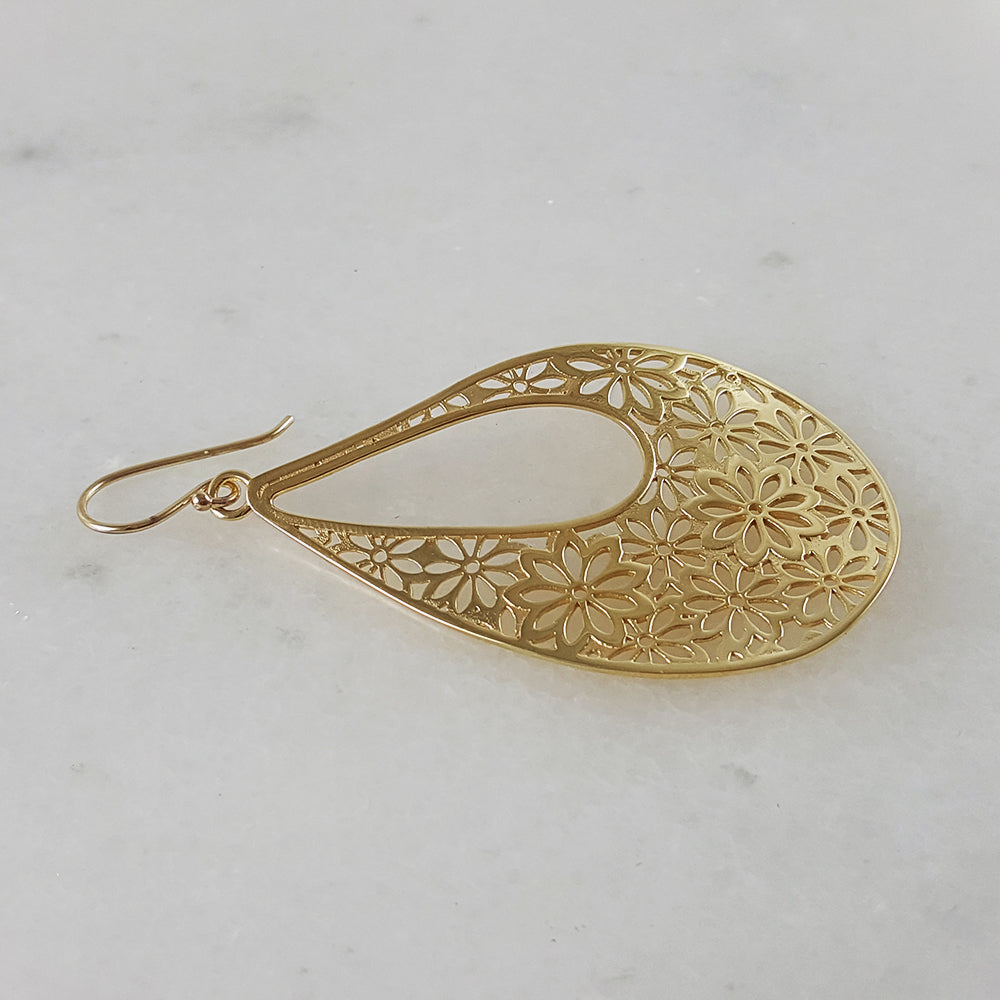 18K Gold Plated 2.5" Flower Cut-out Teardrop Earrings