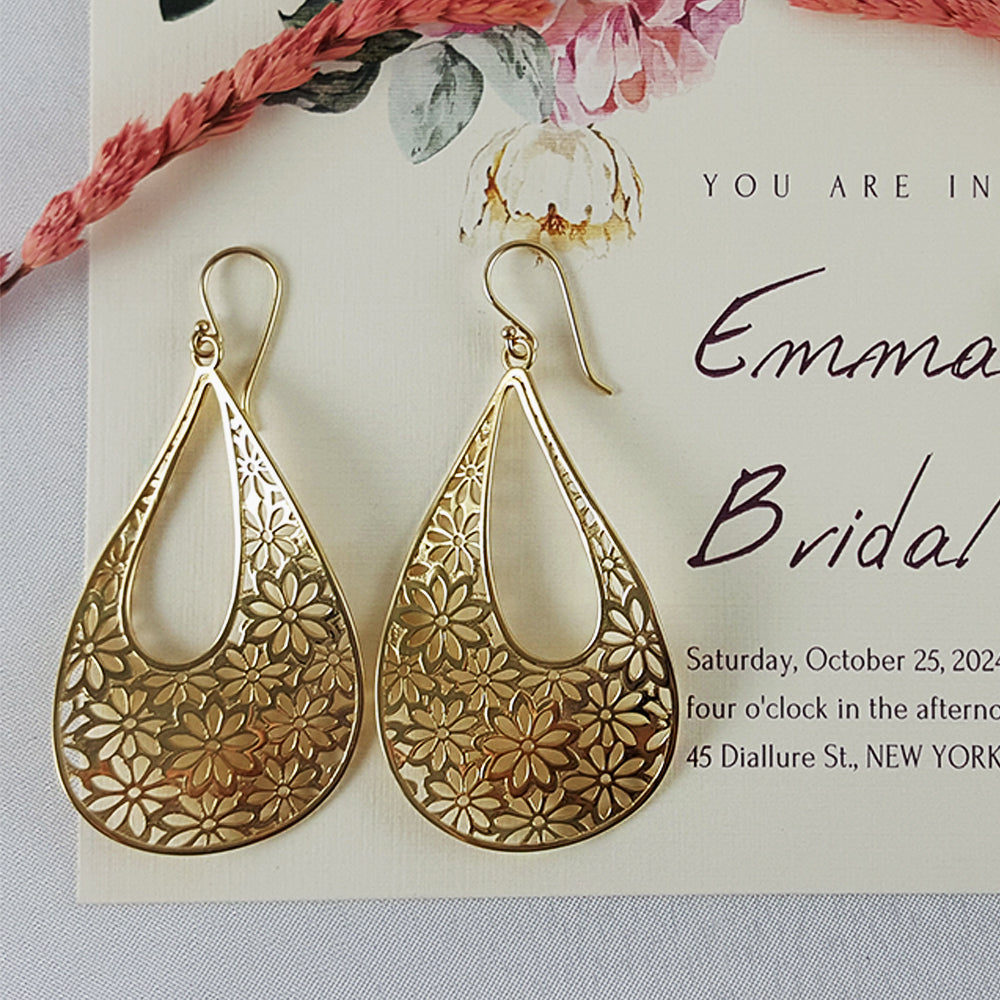 18K Gold Plated 2.5" Flower Cut-out Teardrop Earrings