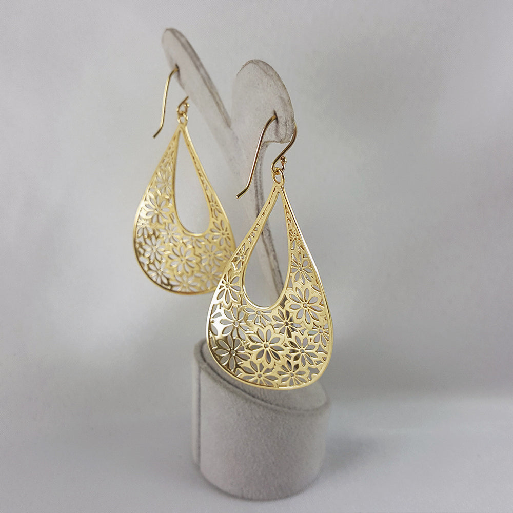 18K Gold Plated 2.5" Flower Cut-out Teardrop Earrings