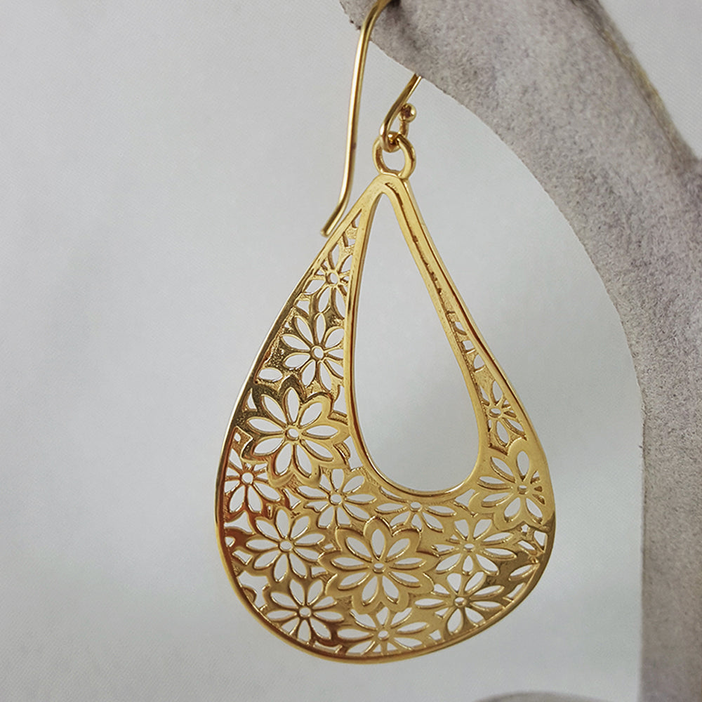 18K Gold Plated 2.5" Flower Cut-out Teardrop Earrings