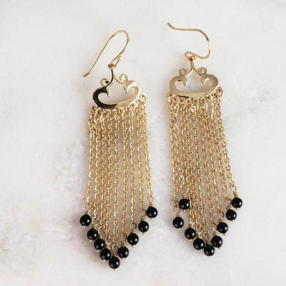 Turquoise Magnesite and Black Onyx Beaded Chain Fringe Earrings - TurkishBling
