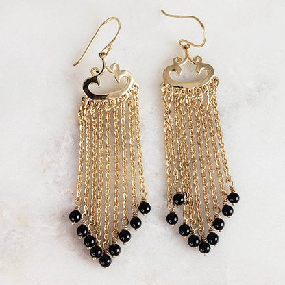 Turquoise Magnesite and Black Onyx Beaded Chain Fringe Earrings - TurkishBling
