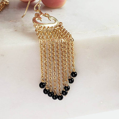 Turquoise Magnesite and Black Onyx Beaded Chain Fringe Earrings - TurkishBling