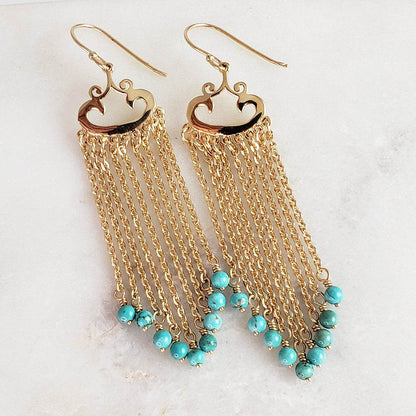 Turquoise Magnesite and Black Onyx Beaded Chain Fringe Earrings - TurkishBling
