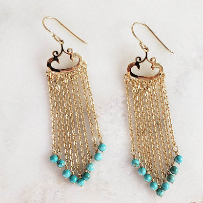 Turquoise Magnesite and Black Onyx Beaded Chain Fringe Earrings - TurkishBling