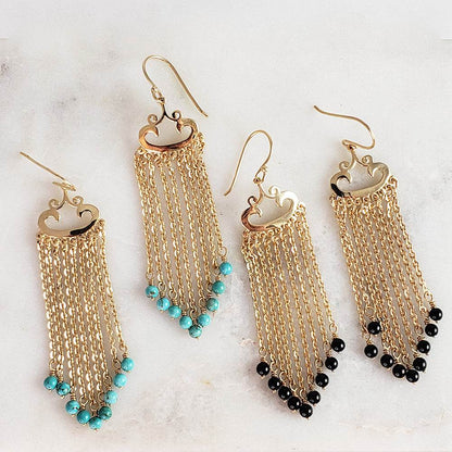 Turquoise Magnesite and Black Onyx Beaded Chain Fringe Earrings - TurkishBling