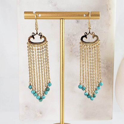 Turquoise Magnesite and Black Onyx Beaded Chain Fringe Earrings - TurkishBling