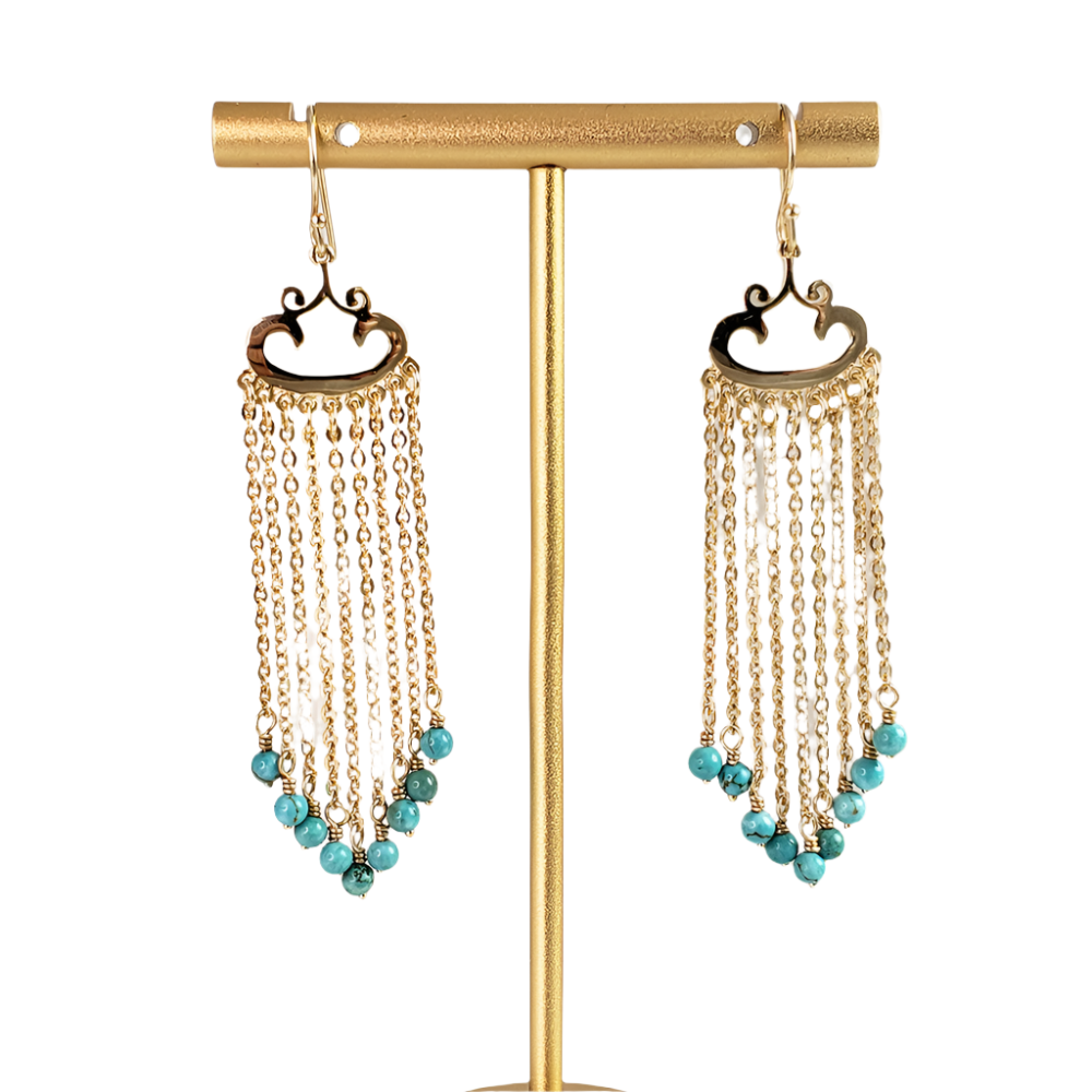 Turquoise Magnesite and Black Onyx Beaded Chain Fringe Earrings