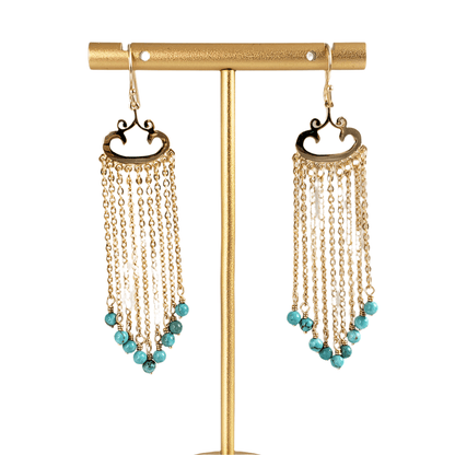 Turquoise Magnesite and Black Onyx Beaded Chain Fringe Earrings - TurkishBling