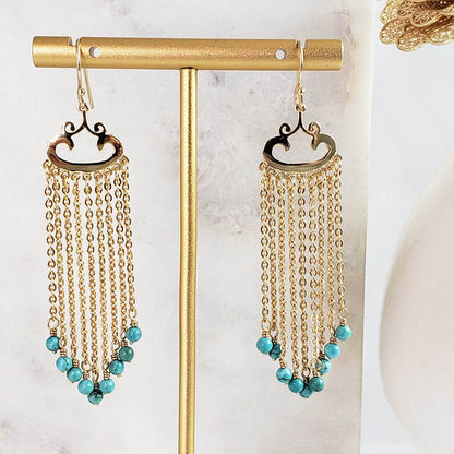 Turquoise Magnesite and Black Onyx Beaded Chain Fringe Earrings - TurkishBling