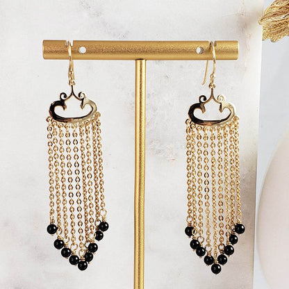 Turquoise Magnesite and Black Onyx Beaded Chain Fringe Earrings - TurkishBling