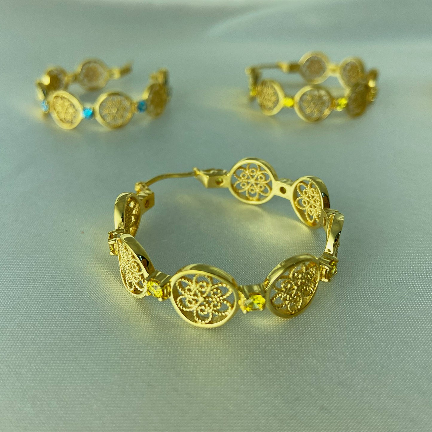 Filigree Floral Hoop Earrings with Gemstones