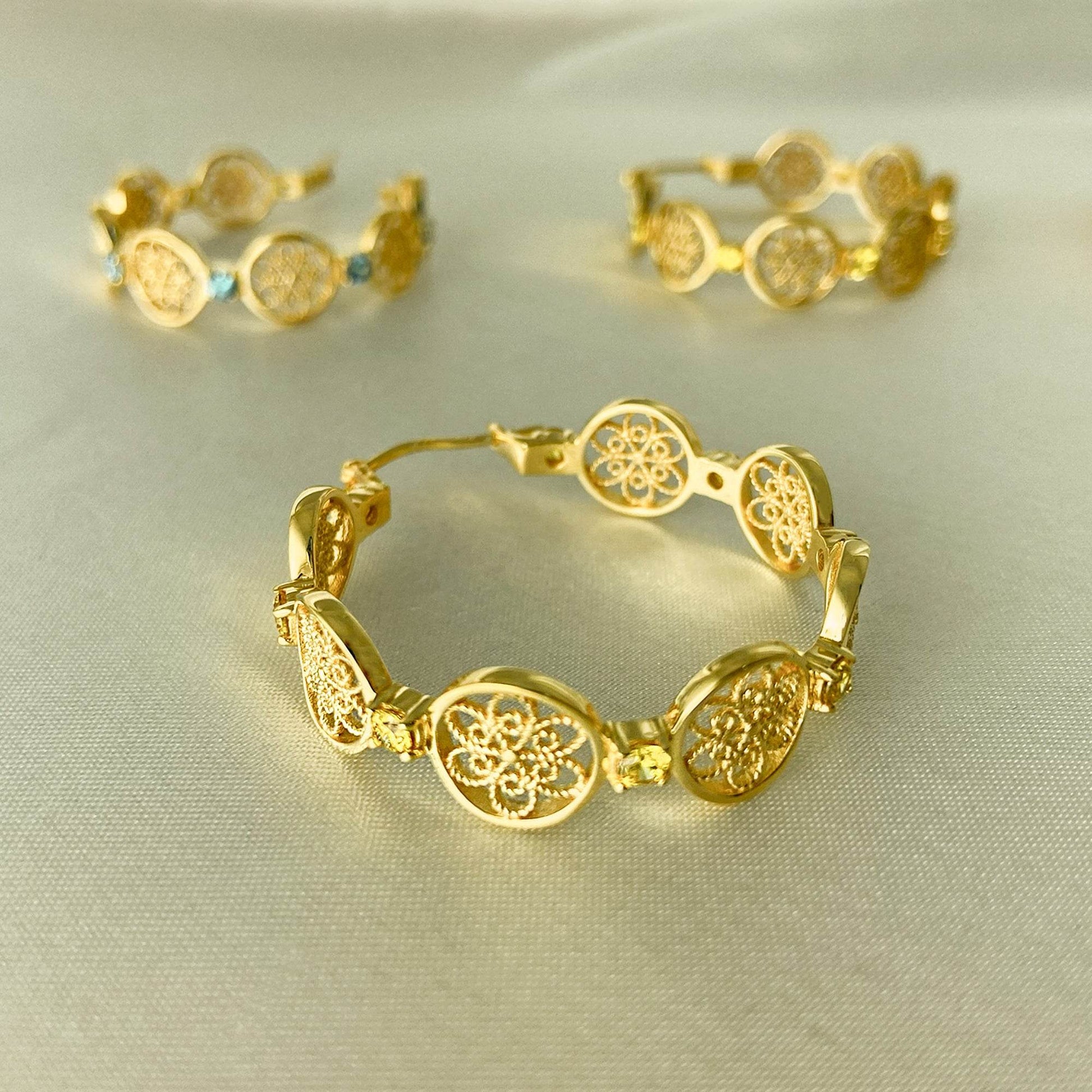 Filigree Floral Hoop Earrings with Gemstones - TurkishBling