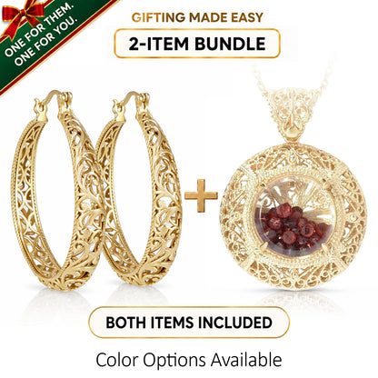 2-Item Bundle: Filigree Hoop Earrings & Gemstone Pendant Necklace Gift Bundle