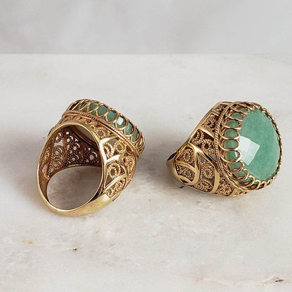18K Green Aventurine Gemstone Ring Gold Filigree - TurkishBling