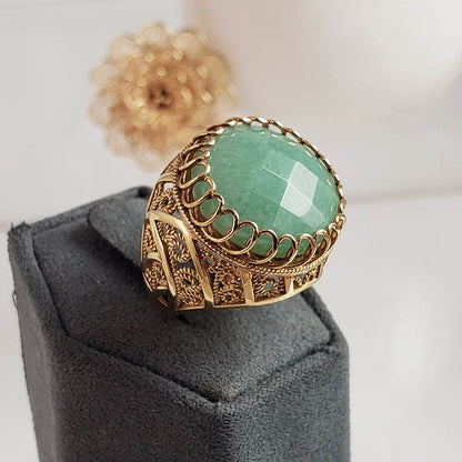 18K Green Aventurine Gemstone Ring Gold Filigree - TurkishBling