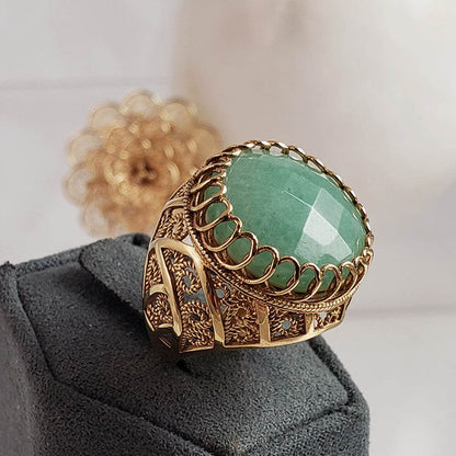 18K Green Aventurine Gemstone Ring Gold Filigree - TurkishBling